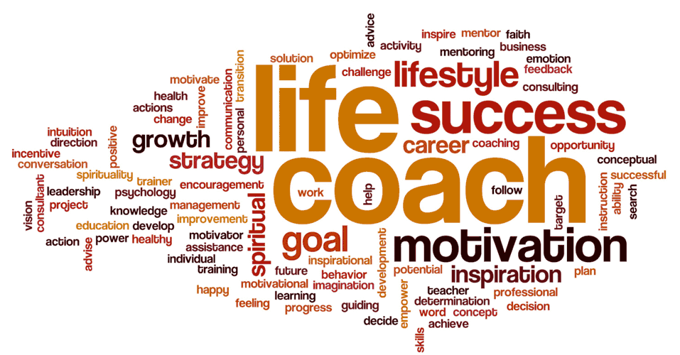 A collage of words that are inspired by the idea of "Life Coach". mentoring, lifestyle, success, growth, strategy, motivation, etc.